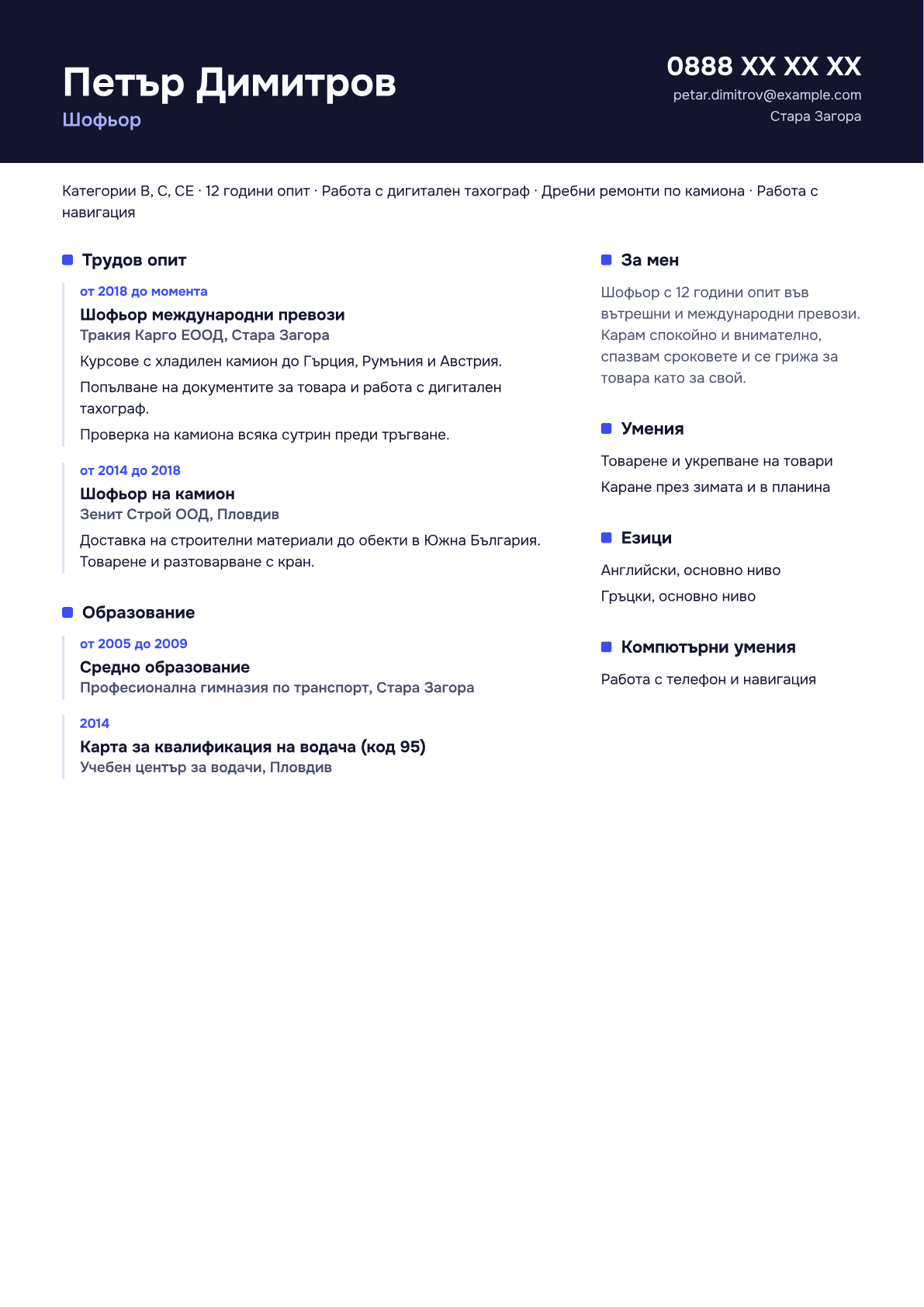 Пример за CV във вид „Практичен“